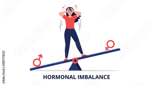 Woman standing on a seesaw balancing male and female symbols to illustrate the concept of a hormonal imbalance.