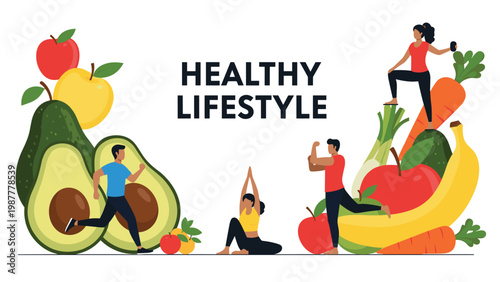 Diverse people exercising and eating healthy food surrounding the text healthy lifestyle for wellness promotion.