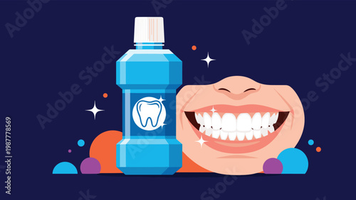 Blue bottle of antiseptic mouthwash next to a smiling mouth with healthy white teeth to show dental care routine.