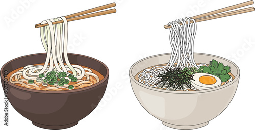 Japanese Ramen and Noodle Bowl Illustration Set with Chopsticks Traditional Asian Food Soup Meal Vector Collection for Restaurant Menu Design