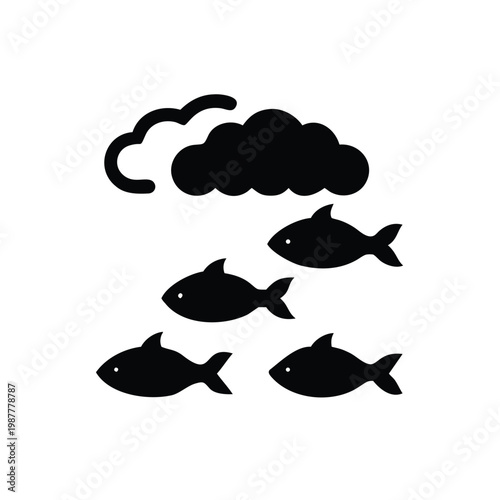 Black silhouette of cloud raining fish illustration for graphic design and concepts