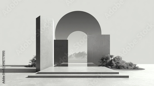 Minimalist architectural landscape featuring abstract structures and distant mountains in serene setting