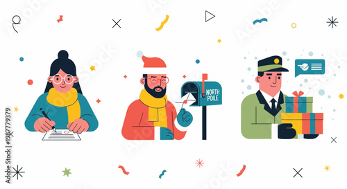 A mail man girl write note boy send gift box north pole santa card joy