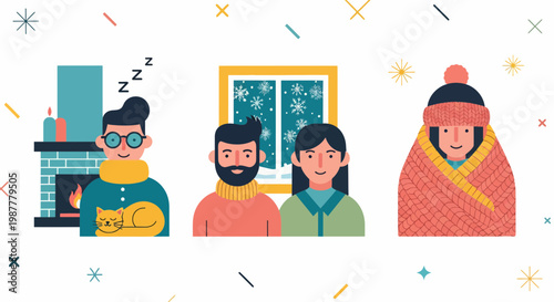 Winter cozy man cat fire snow girl boy warm hat rug home flat art set