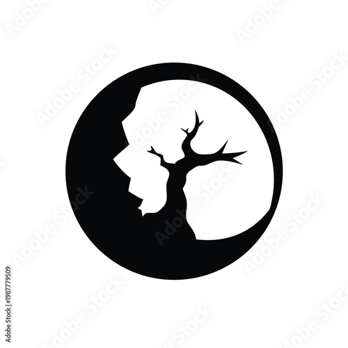 Mysterious silhouette of a barren tree thriving within a celestial crescent, cracked open to reveal its stark beauty