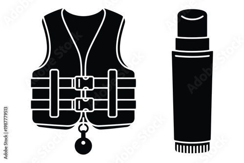 Life vest and sunscreen tube silhouettes for outdoor activities vector icons