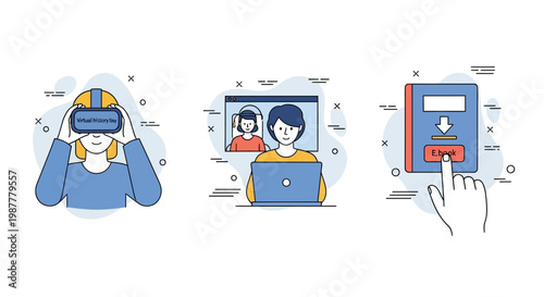 VR web book set for new online study and digital school icon art kit tool