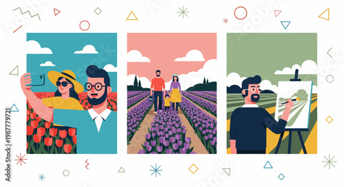 People visiting flower garden taking photos walking in lavender field painting art under blue sky