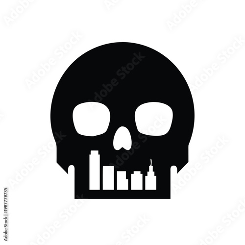 Striking silhouette of a skull with a modern city skyline integrated within its jaw, a conceptual design