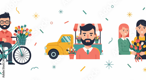 A man on bike a van a shop a girl with a bunch of tulips