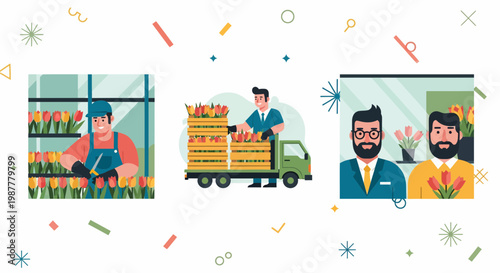 Flower trade process from cultivation and harvest to shipping and retail sales in florist shop