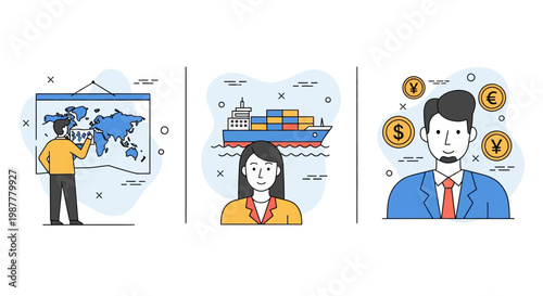 Global trade logistics world map cargo ship currency exchange business people international market service export import