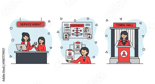 Law job desk city hall staff man lady info help id sign post work set