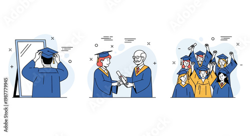 Graduation student preparing then receiving diploma from professor and celebrating big achievement with happy classmates