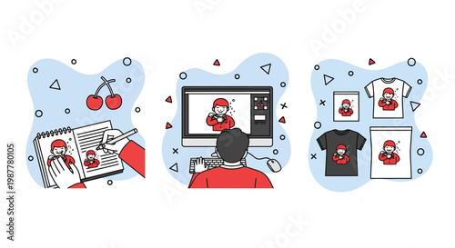 Creative illustration production cycle from hand sketching to digital design and final product merchandise printing