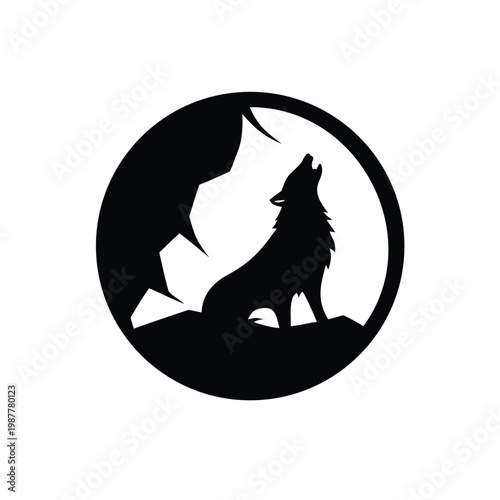 Majestic Silhouette of a Howling Wolf on a Rugged Cliff in a Striking Circular Emblem Design