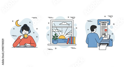 Girl study night man print paper sun rise book tea music desk work task end win