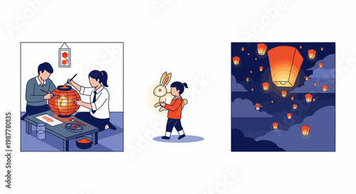 Lantern Festival Art Craft Girl With Rabbit And Sky Lanterns Night