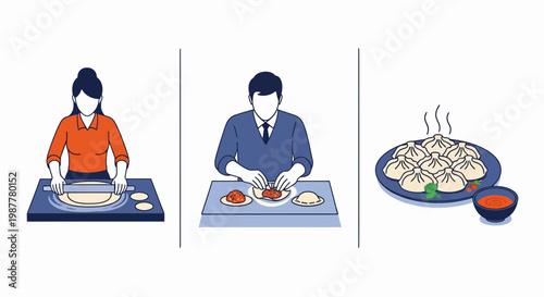 Process of man and woman making dumplings from dough to the finished hot cooked meal