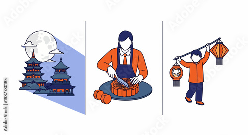 Mid Autumn Moon Festival Pagoda Mooncake Child Lantern Traditional Chinese Culture Holiday Celebration Vector Illustration Art