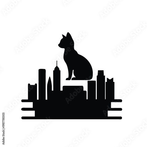 Silhouette of a cat perched atop a city skyline illustration
