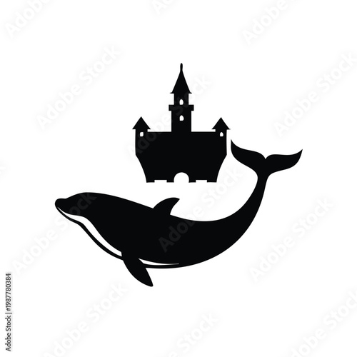Whimsical illustration of a majestic whale gracefully carrying a fantasy castle on its back, a surreal emblem of imagination