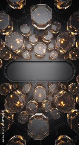 Transparent glass octagons surround a central dark oval panel on a geometric background.