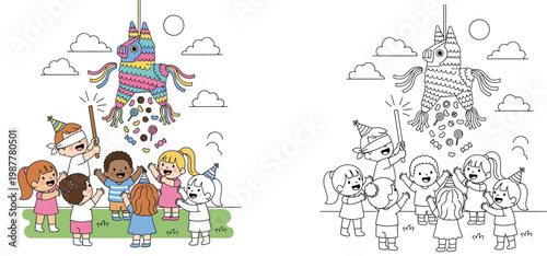 Diverse children playing with a colorful pinata at a birthday party, includes black and white coloring book page version for kids' educational and fun activities, vector illustration.