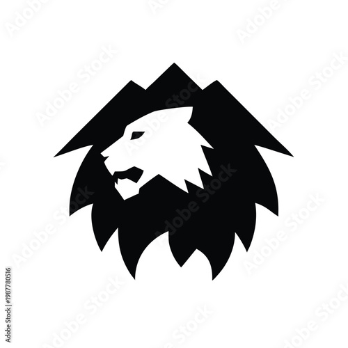 Powerful geometric silhouette of a roaring lion's head seamlessly merged with majestic mountain peaks, symbolizing strength and wild nature