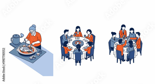 New year dinner set grandma cook fish family eat and drink and toast