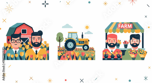 Men at farm with barn and tractor in tulip fields at a flower market stall
