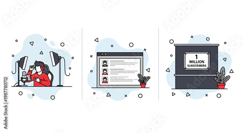 Man streaming online and creating content to gain more followers and reach one million subscribers for career success