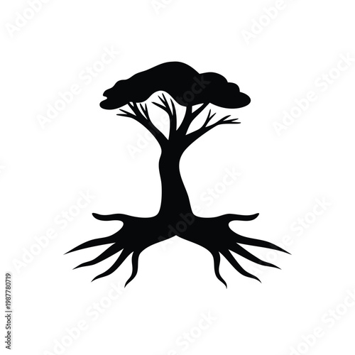 Abstract silhouette of a tree with roots resembling human hands, symbolizing growth and connection