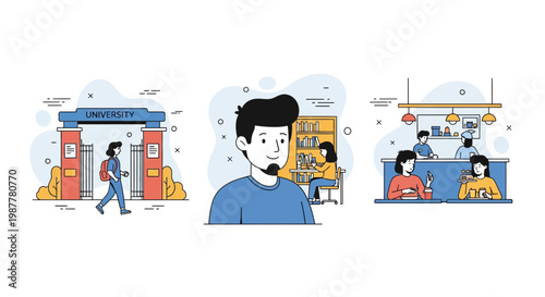 Young students at university walking to campus studying books in library and eating in the school canteen