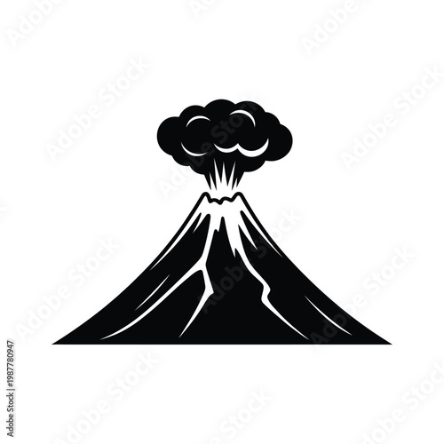 Stylized depiction of a volcanic eruption with a mountain silhouette