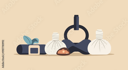 A minimalist vector illustration showcasing spa wellness items like herbal compresses, a rolled towel, and massage tools on a soft beige background.