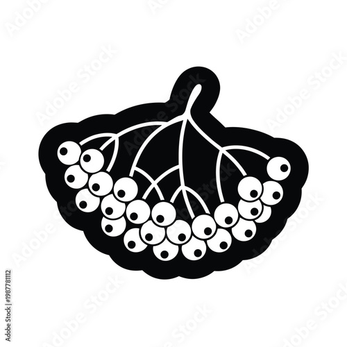 Simple black and white illustration of rowan berries with leaves