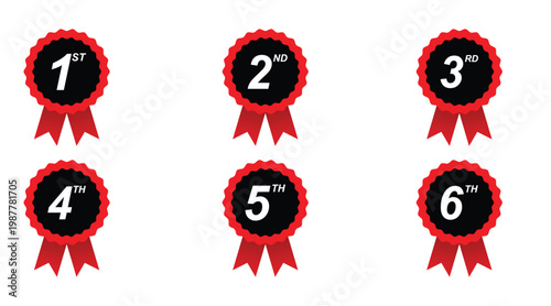 Red Award Ribbons Set 1st 2nd 3rd 4th 5th 6th Place Badges Illustration
