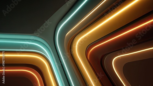 Abstract design featuring flowing neon light patterns in vibrant colors against a dark background