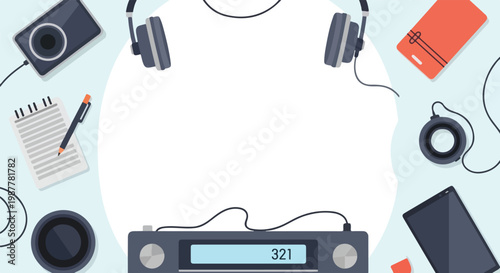 This flat-lay vector illustration features various tech gadgets like headphones, a camera, and a radio arranged around a central white circle.