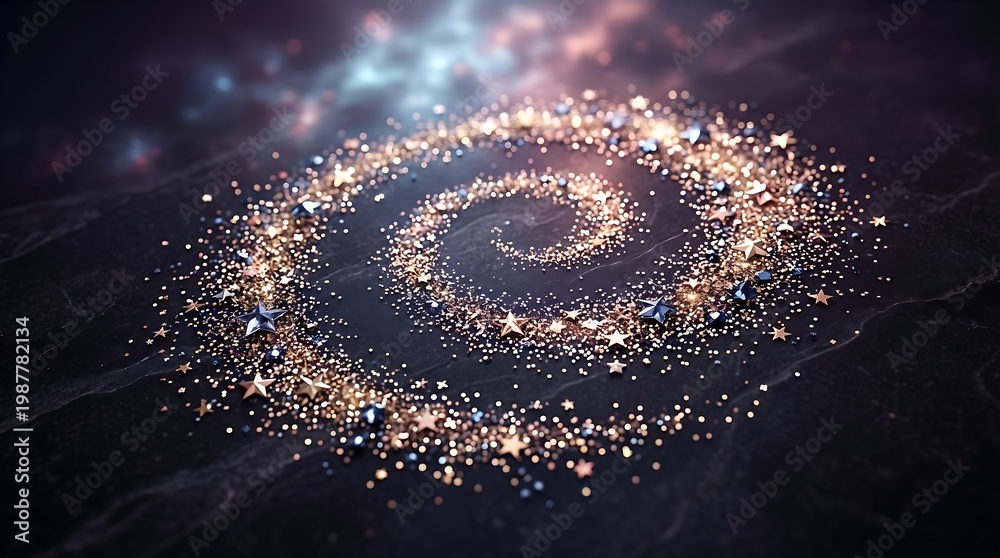 Fototapeta premium Golden magic spiral of sparkling stars on dark marble background