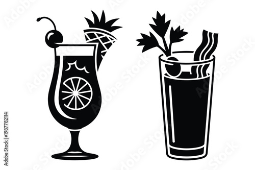 Tropical cocktail and savory drink silhouettes with garnish vector illustration