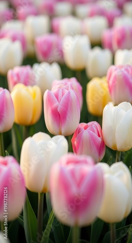 Beautiful Field of Colorful Tulip Flowers in Bloom.