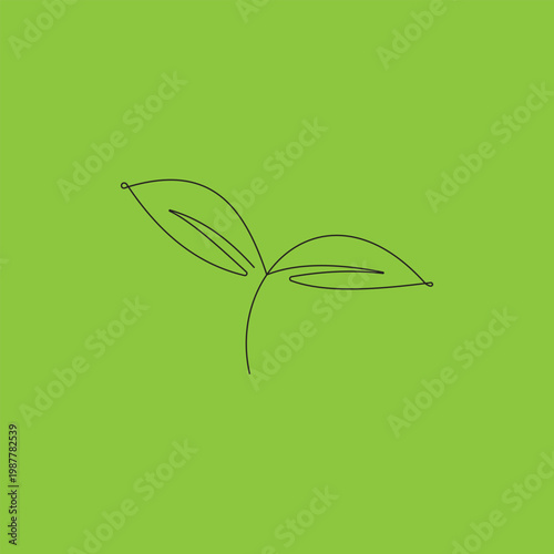 Growing leaves one continuous line art on green background. Hand drawn doodle line art plant