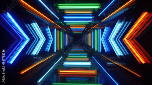 Vibrant neon light corridor with colorful reflections creating an immersive visual experience