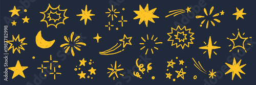 Star gold sticker icon collage set. Star icon sketch hand drawn line brush crayon texture vintage background. Cute kid magic twinkle sparkle, glow moon, space figure. Vector illustration