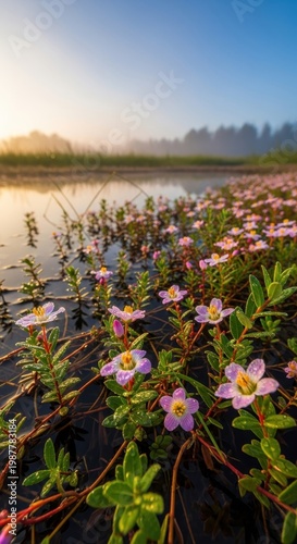 Beautiful Field of Flowers at Sunrise with Fog.