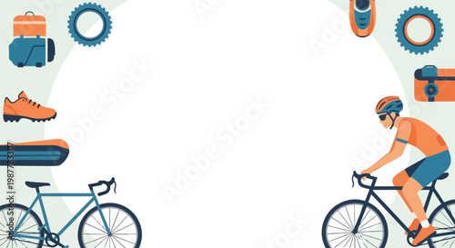 A vibrant flat vector illustration featuring a cyclist and various biking gear arranged around a central white circular space for text.