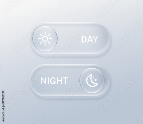  Glassmorphism UI component showcasing day night switch with crescent moon symbol, liquid like borders, and futuristic 3D design for digital screen interfaces