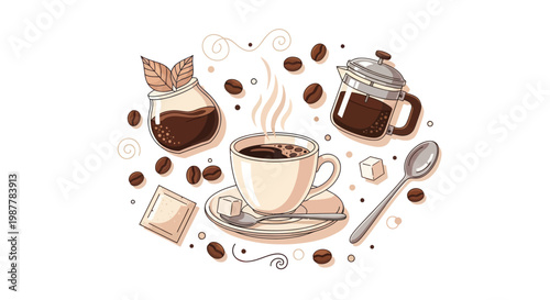 Cozy Coffee Break: Cup, French Press, Beans & Sugar Cubes Illustration